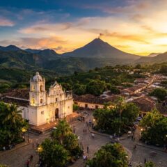 Vista de um vulcão e paisagem de vale em El Salvador sob um céu ao pôr do sol.