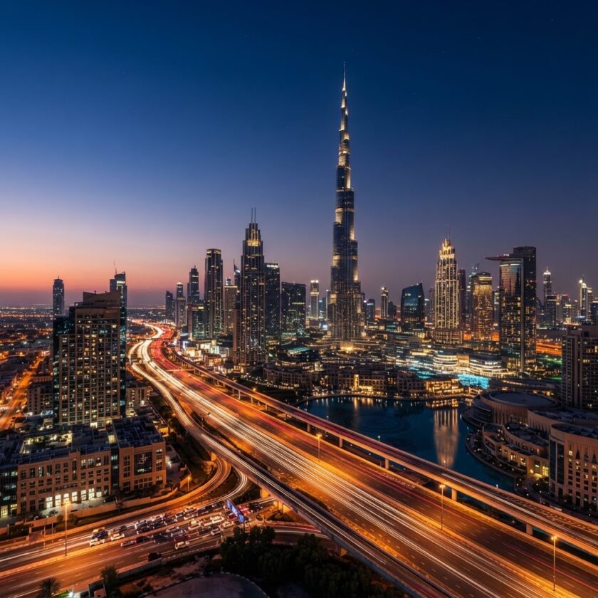 Arranha-céus iluminados e o Burj Khalifa no horizonte urbano de Dubai ao crepúsculo.