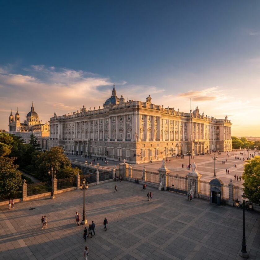 Palácio Real de Madrid ao pôr do sol na história do Império Espanhol.