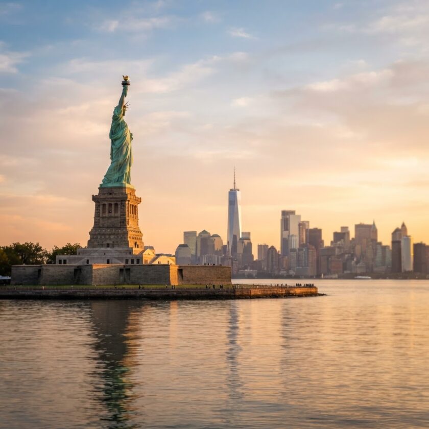 Estátua da Liberdade em Nova Iorque ao amanhecer na história dos Estados Unidos.