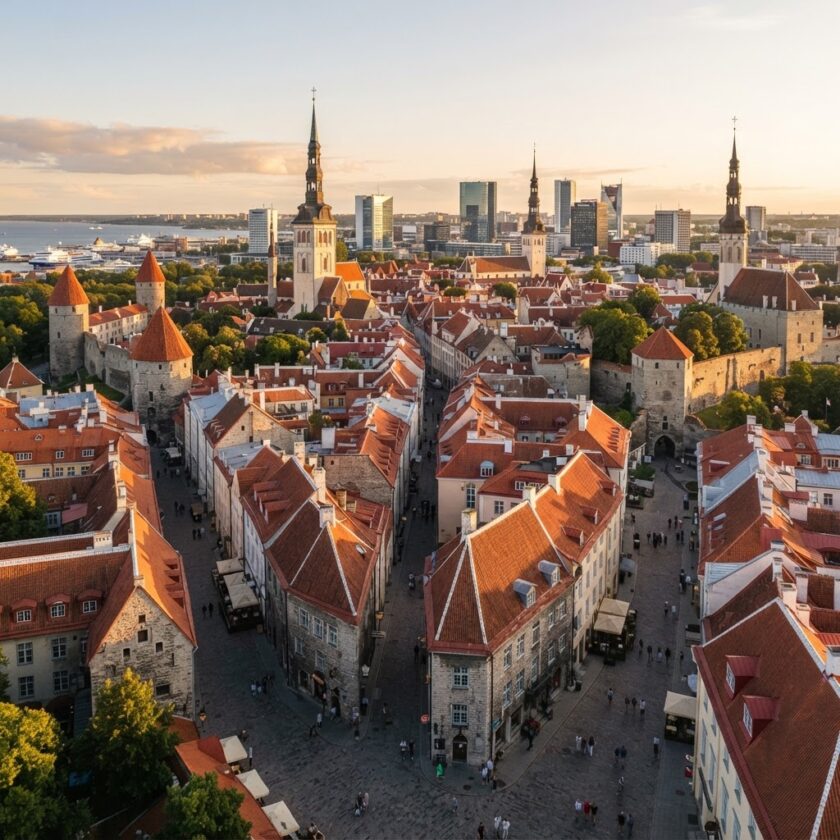 Centro histórico medieval de Tallinn na Estónia ao pôr do sol na história da nação digital.