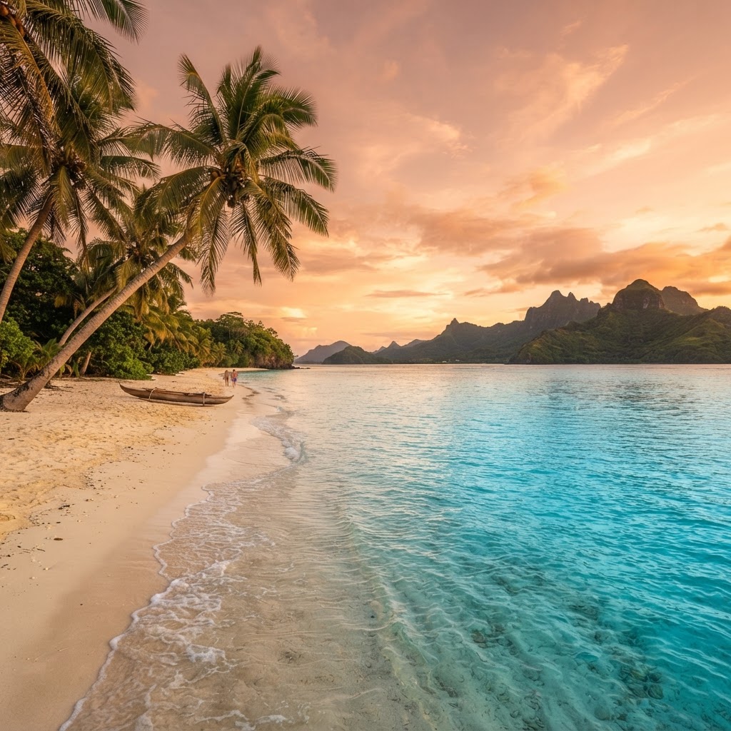 Praia de areia branca e águas cristalinas em Fiji representando a história e o turismo do arquipélago.