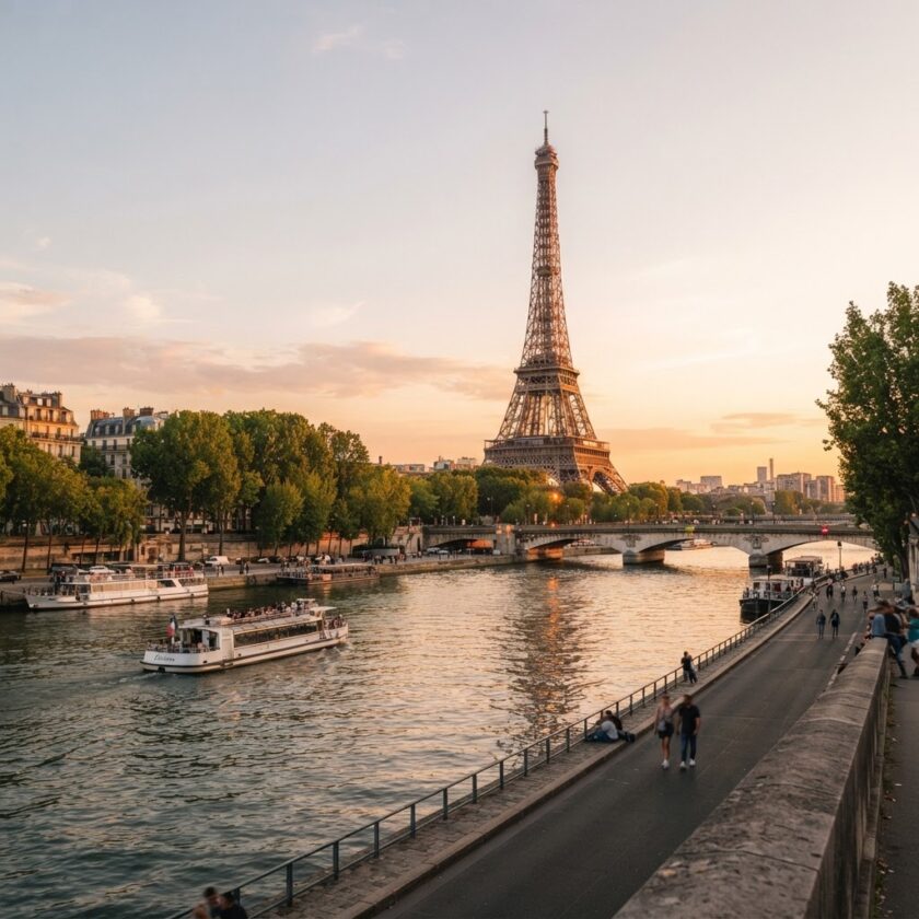 Torre Eiffel em Paris ao pôr do sol representando a história e cultura da França.