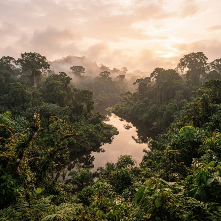 Vista aérea da floresta tropical densa e rio sinuoso no Gabão ilustrando a biodiversidade do país.