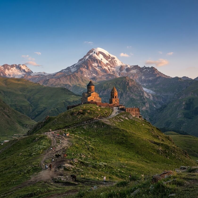 Igreja Gergeti da Santíssima Trindade com o Monte Kazbek ao fundo na história da Geórgia.