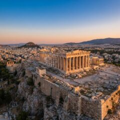 O Pártenon na Acrópole de Atenas ao pôr do sol representando a história da Grécia.