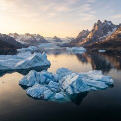 Iceberges gigantes flutuando num fjoerdo na Groenlândia ilustrando a paisagem e o clima da ilha.